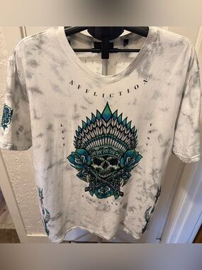 Affliction White Tie-Dye Short Sleeve Tee with Teal and Black Skull Headdress